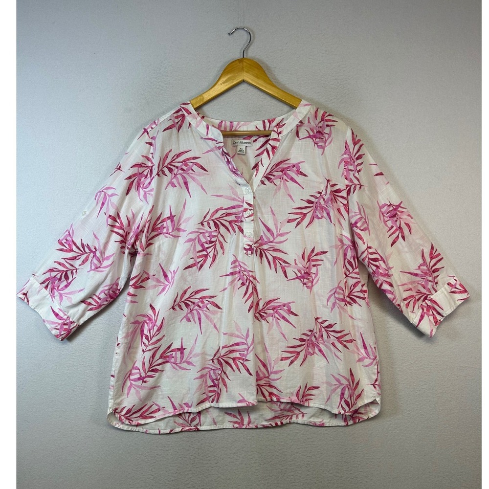Tropical Coastal Croft & Barrow Women XL Pink White Leaf Print 3/4 Sleeve Blouse